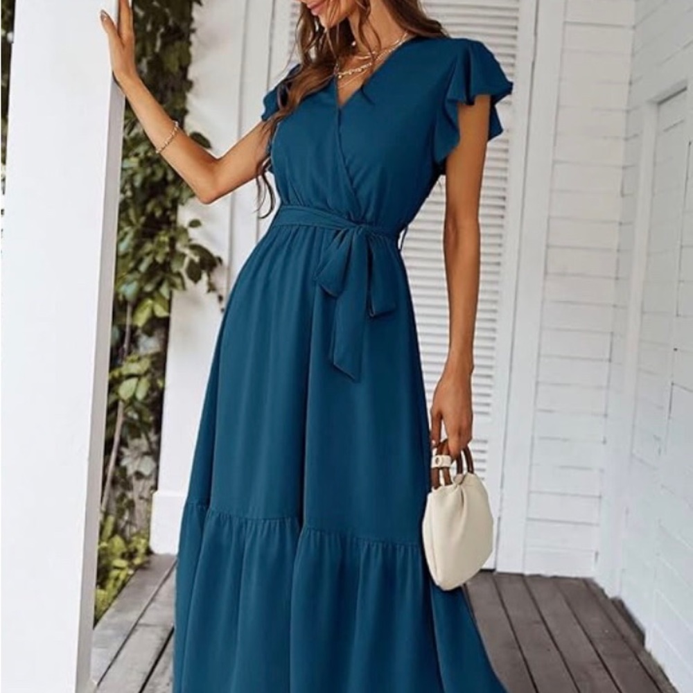 NWT PrettyGarden XXL flowy &flattering blue dress Wrap Vneck ruffle sleeve - Picture 5 of 10